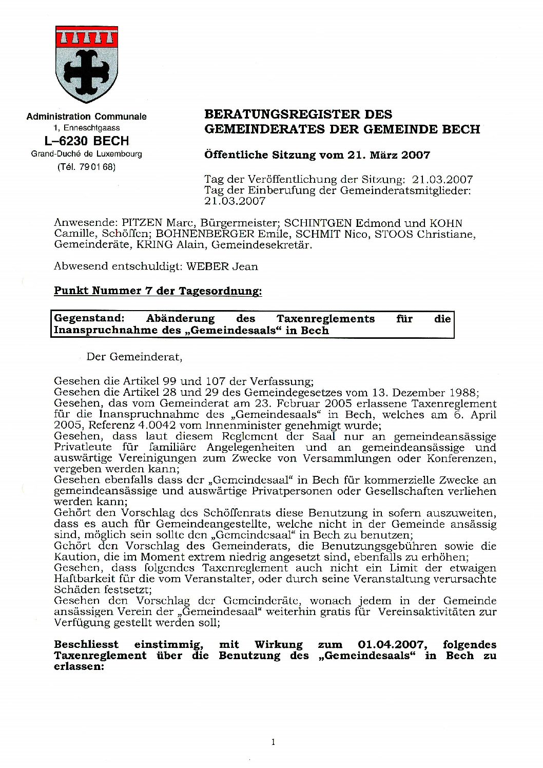 Taxe location Gemengesall Bech (règlement)