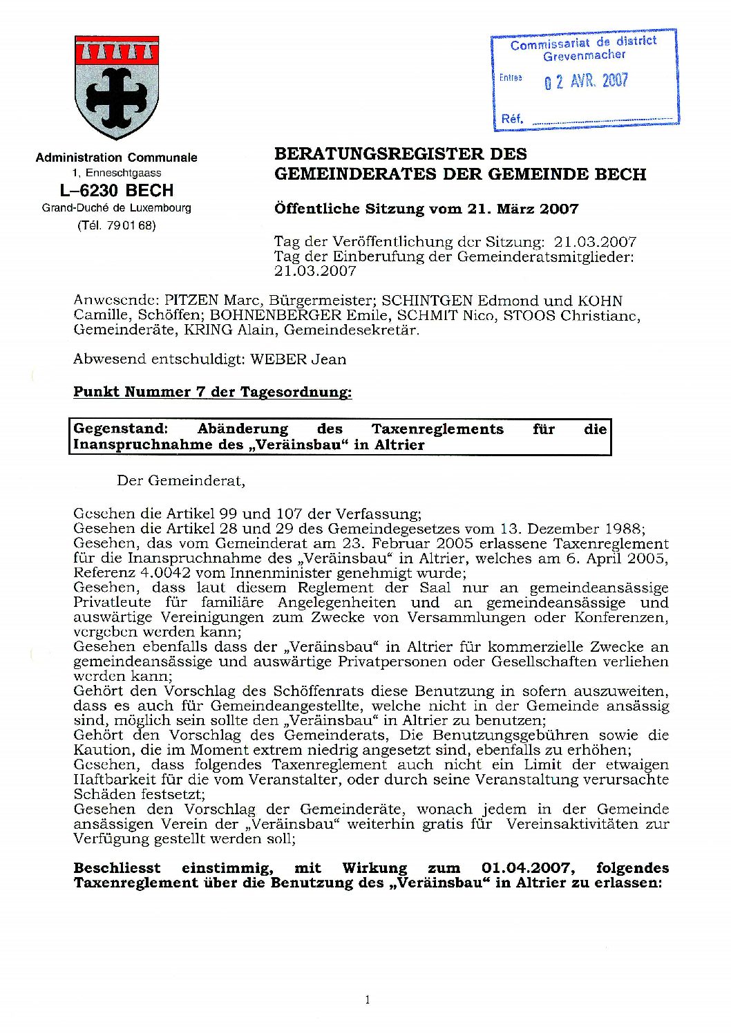 Taxe location Verainsbau Altrier (règlement)