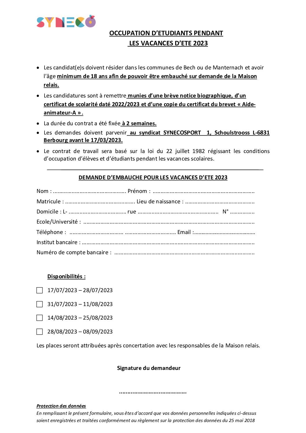Formulaire Occupation Etudiant -Syneco -2023