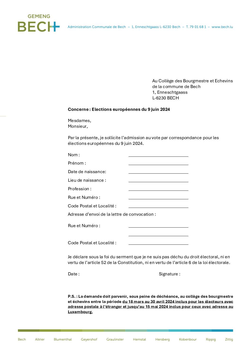 Formulaire demande d'inscription vote par correspondance pour les élections européennes du 9 juin 2024