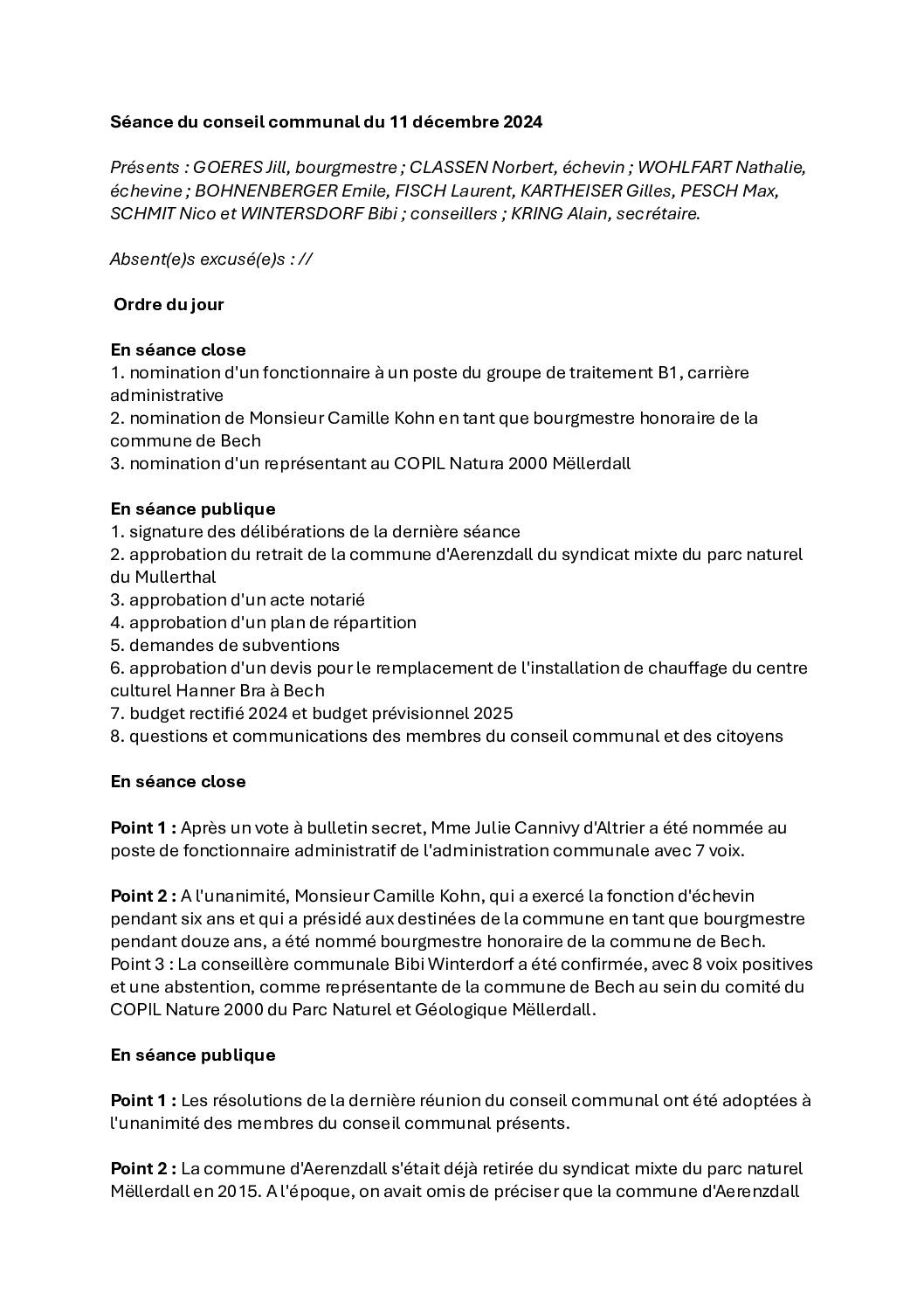 Rapport – Conseil communal du 11 décembre 2024