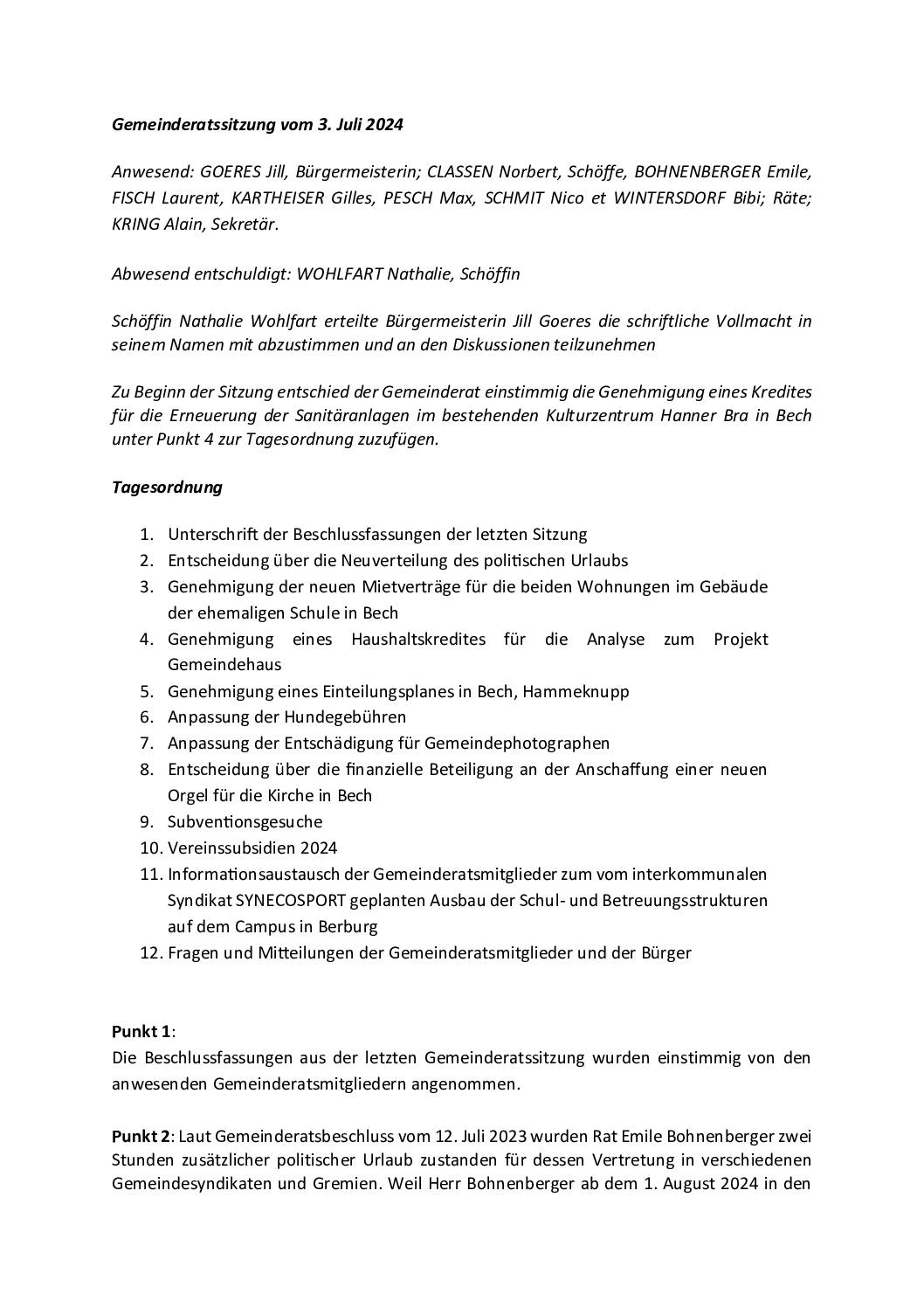 Bericht – Gemeinderatssitzung vom 3. Juli 2024