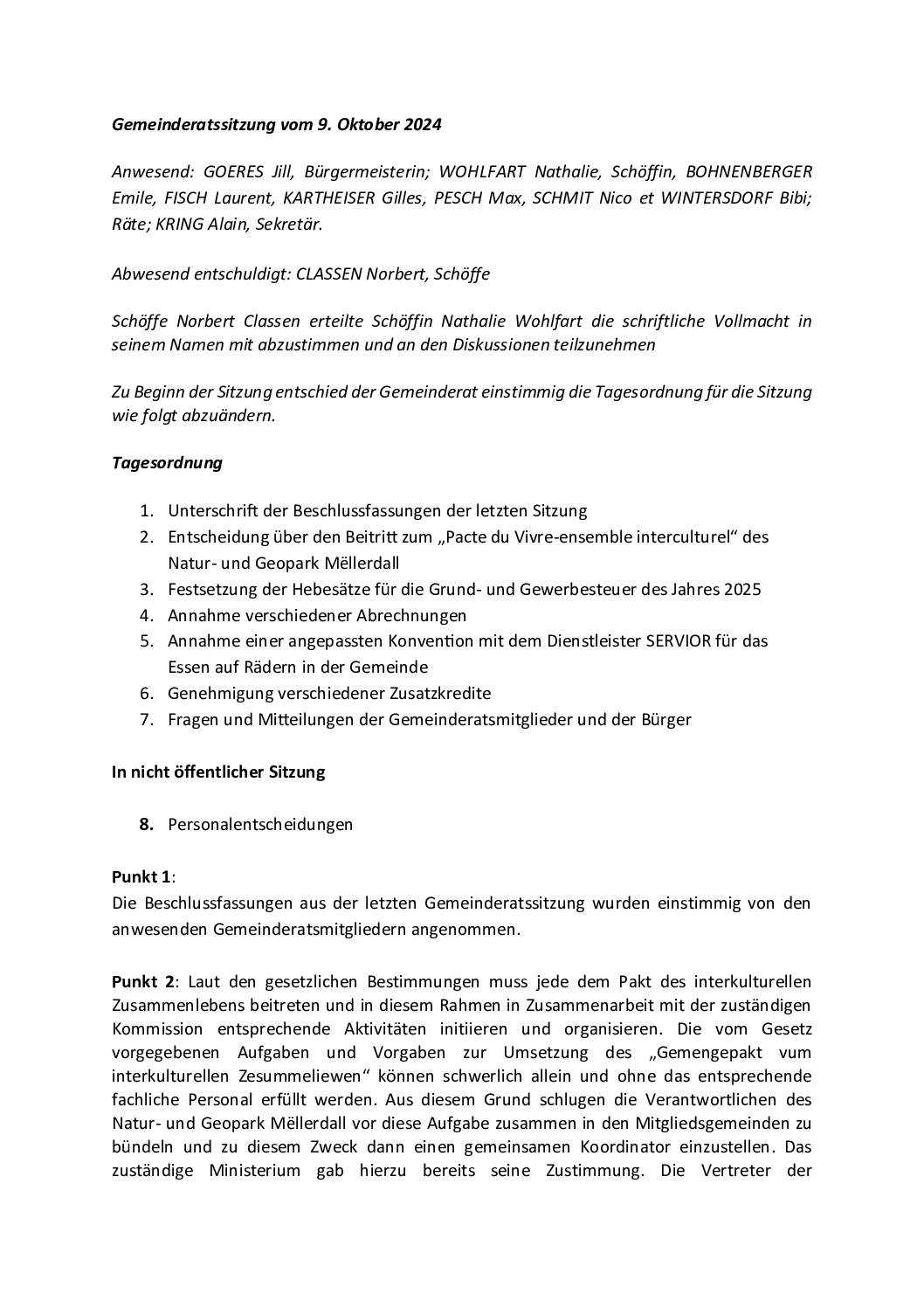 Bericht – Gemeinderatssitzung vom 9. Oktober 2024