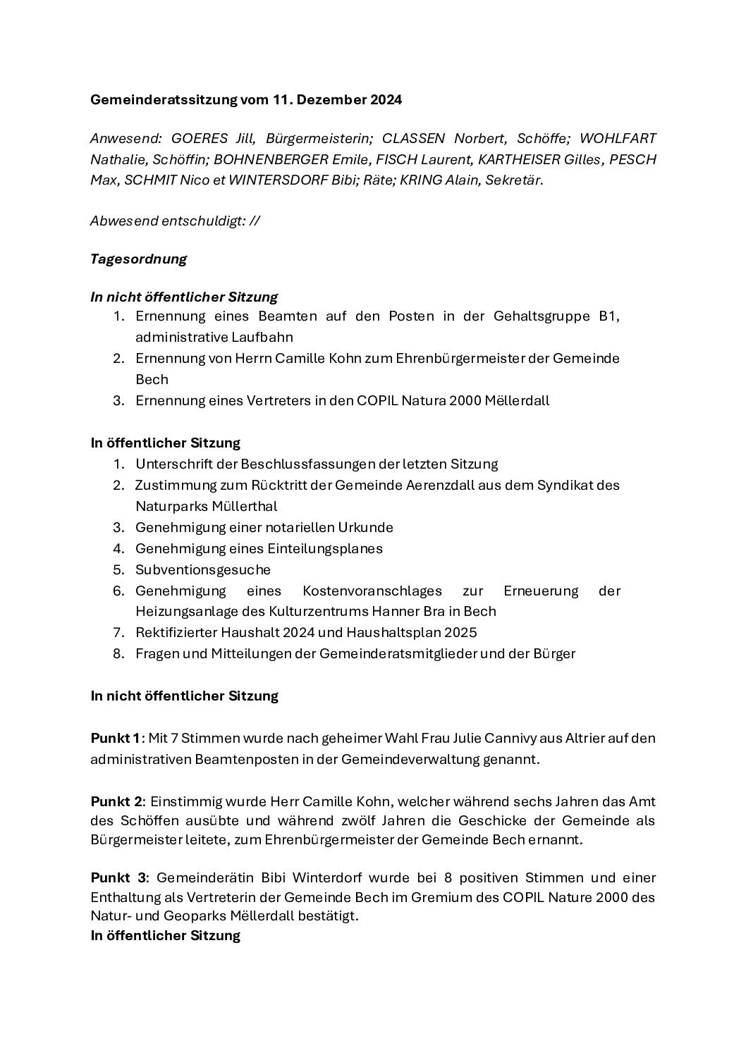 Bericht – Gemeinderatssitzung vom 11. Dezember 2024