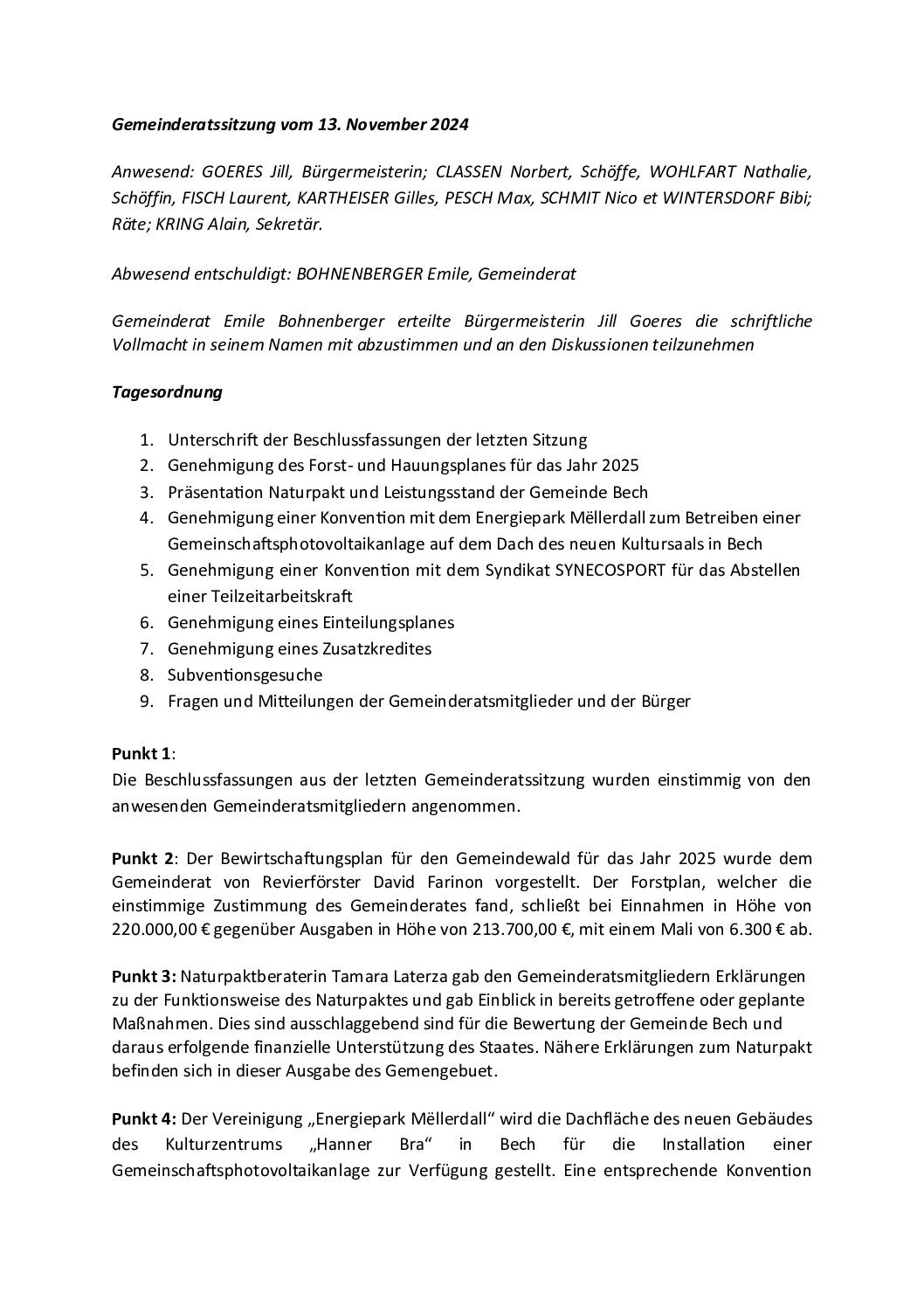 Bericht – Gemeinderatssitzung vom 13. November 2024