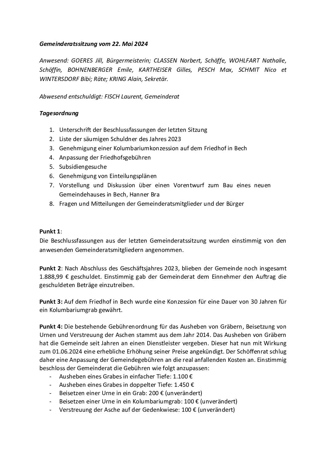 Bericht – Gemeinderatssitzung vom 22. Mai 2024