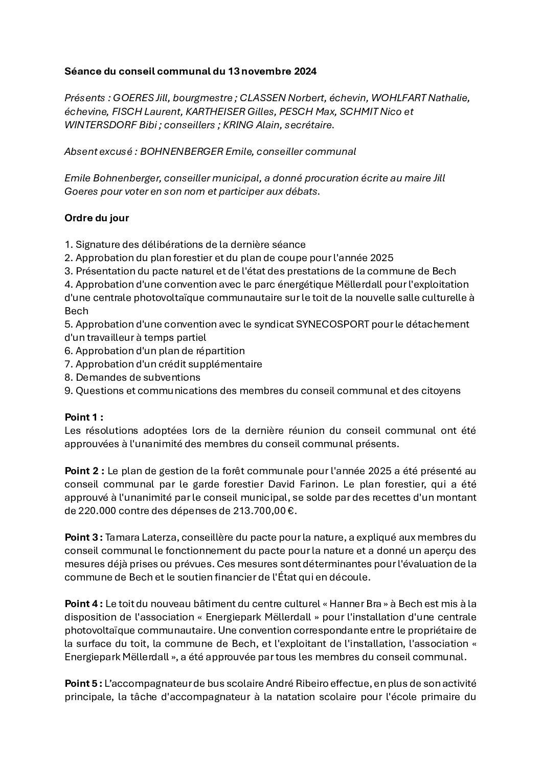Rapport – Conseil communal du 13 novembre 2024