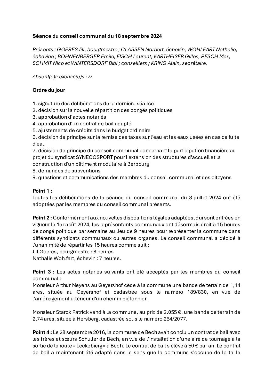 Rapport – Conseil communal du 18 septembre 2024