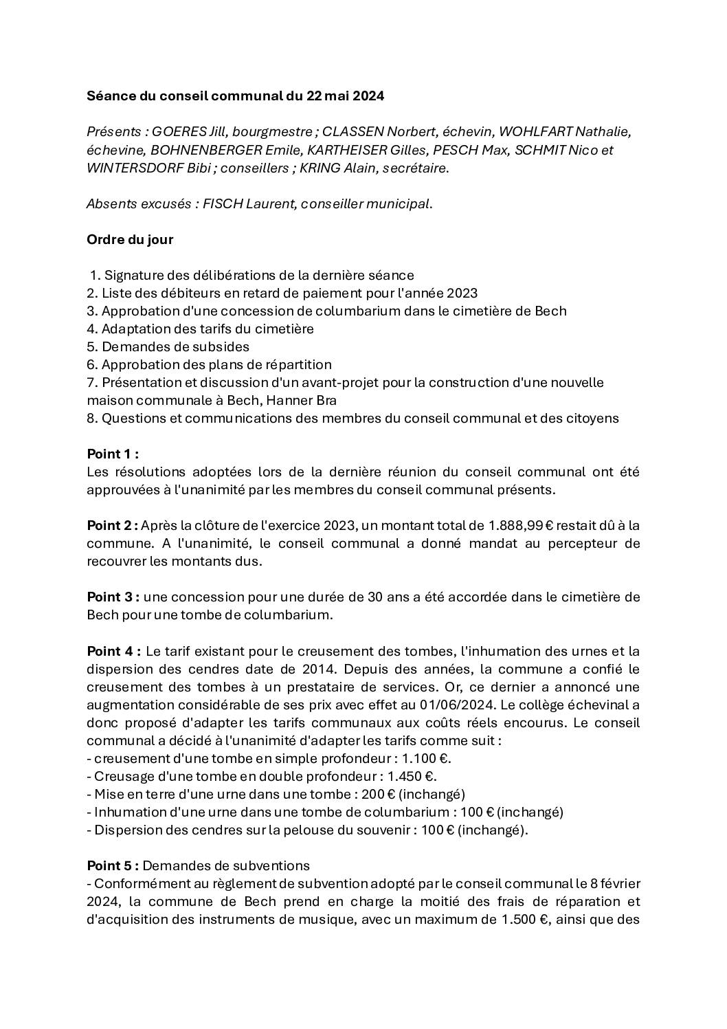 Rapport – Conseil communal du 22 mai 2024