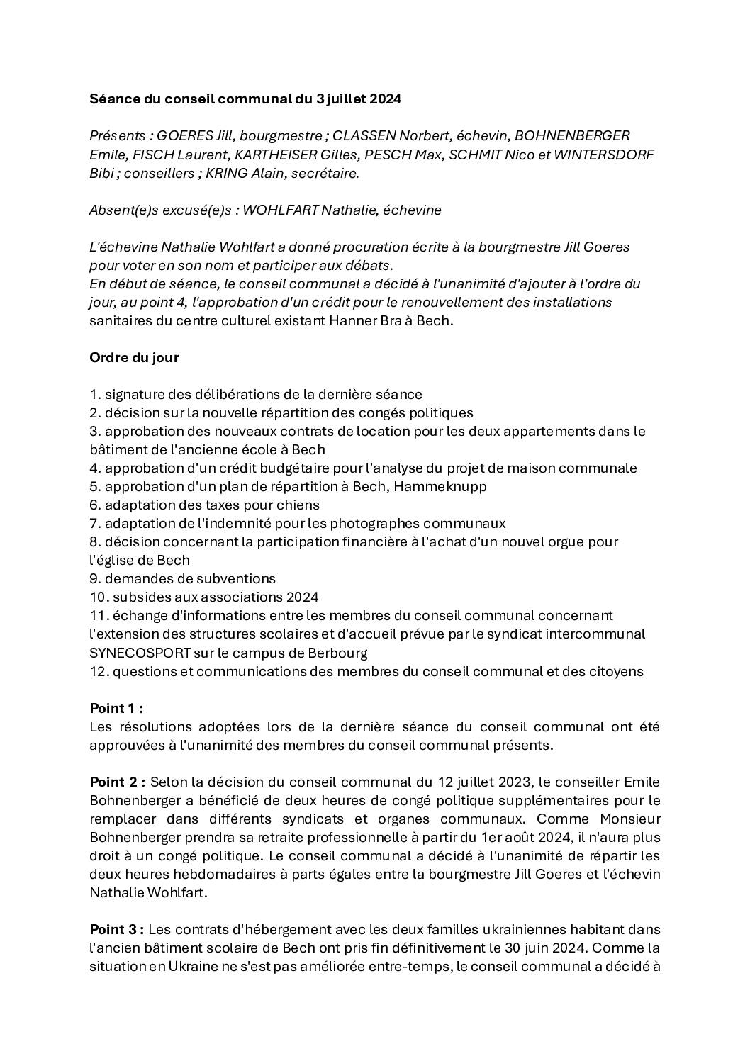 Rapport – Conseil communal du 3 juillet 2024