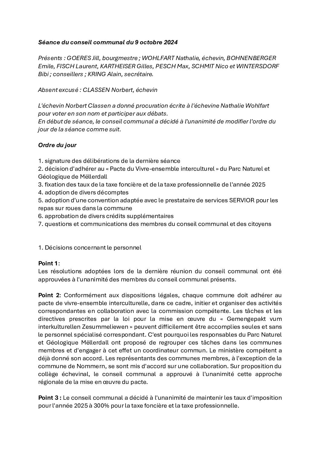 Rapport – Conseil communal du 9 octobre 2024