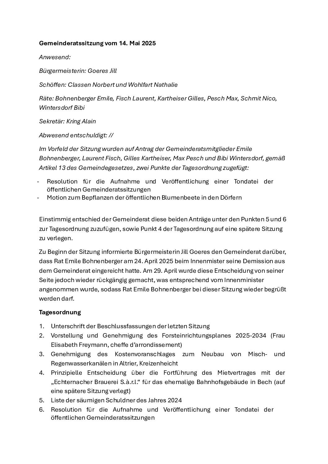 Bericht - Gemeinderatssitzung vom 14. Mai 2025