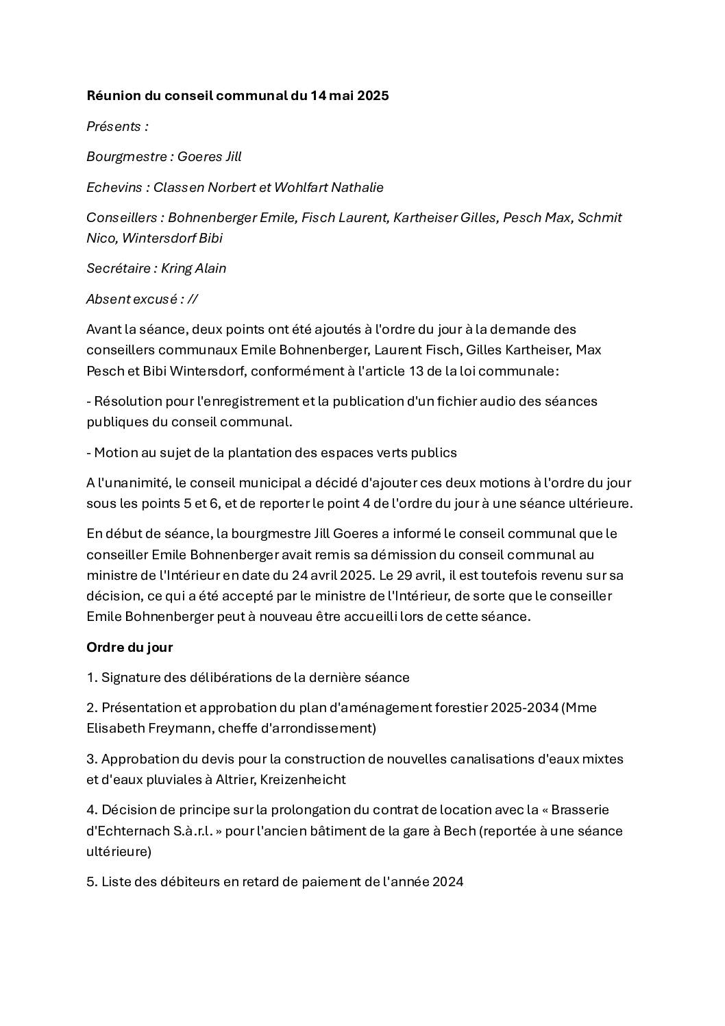 Rapport - Conseil communal du 14 mai 2025