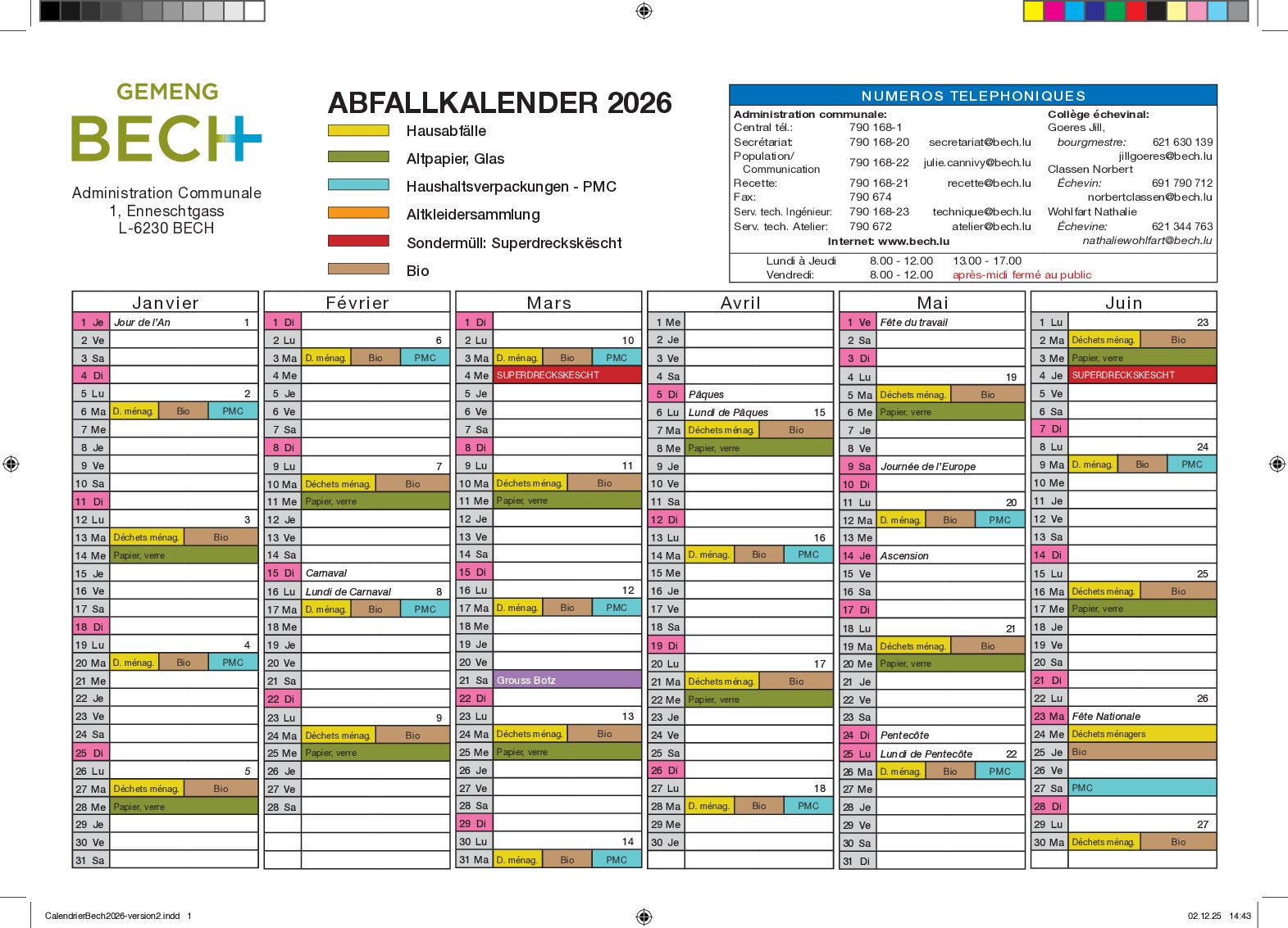 Calendrier collecte des déchets Bech 2026