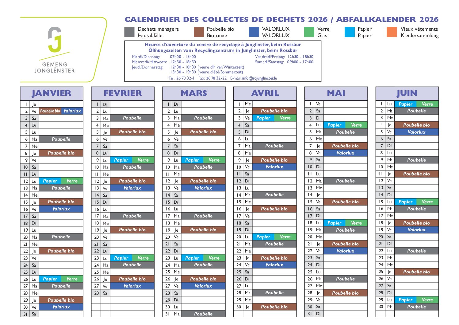 Calendrier collecte des déchets Junglinster 2026