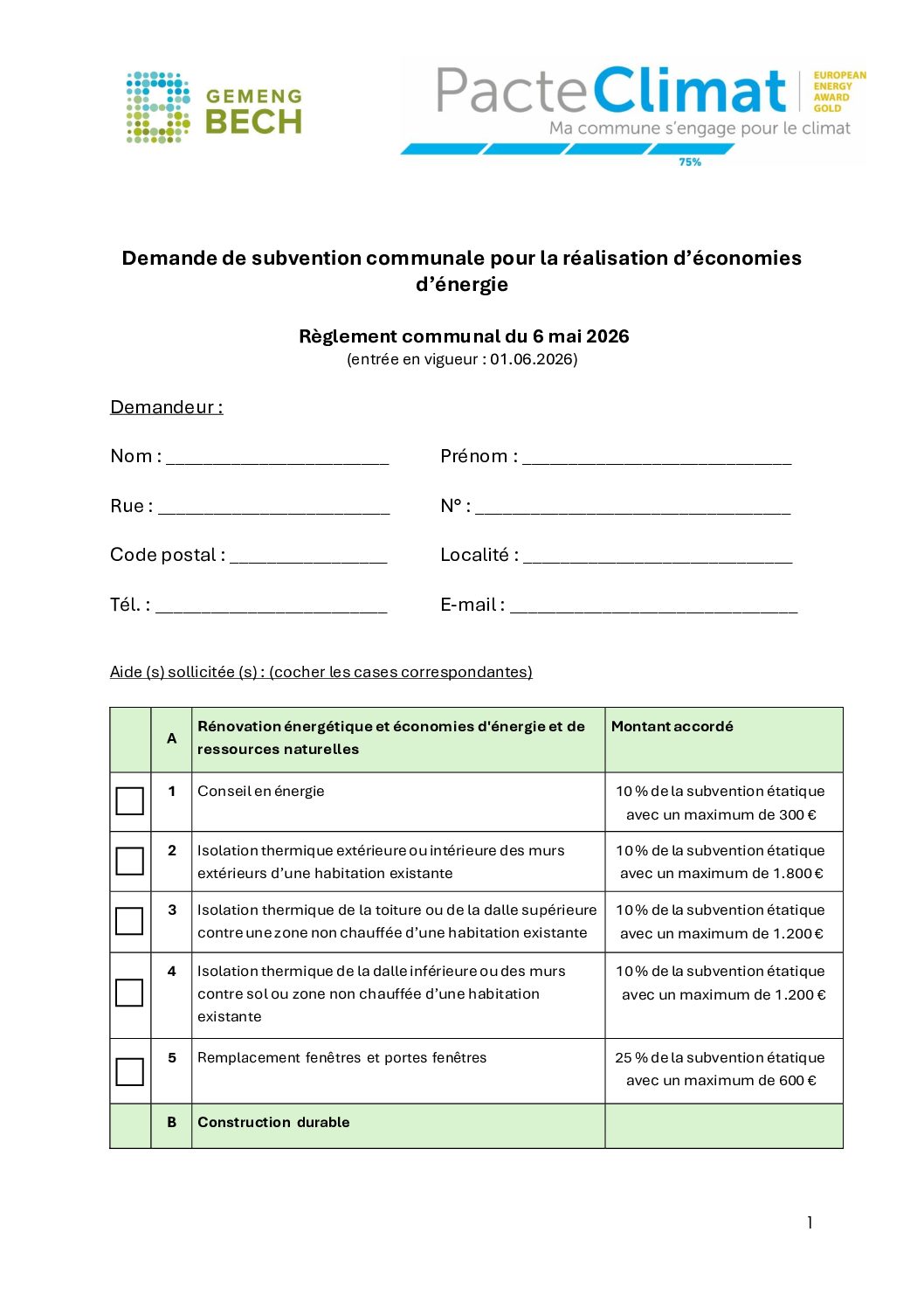 Demande de subvention communale pour la réalisation d’économies d’énergie