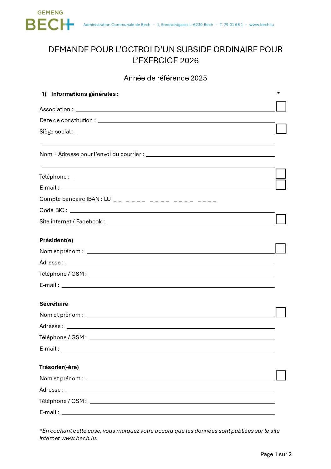 Formulaire subside ordinaire 2026