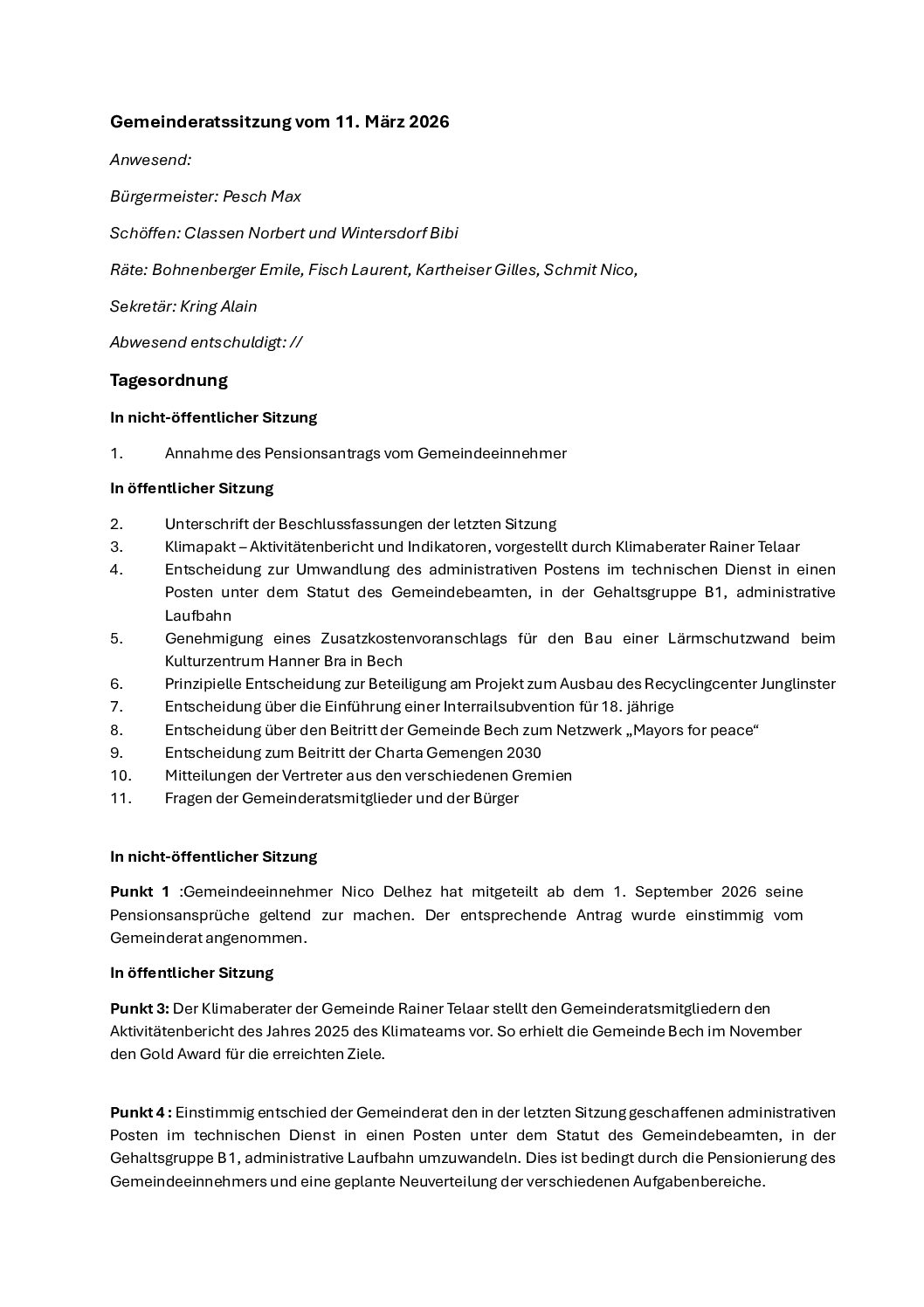 Bericht – Gemeinderatssitzung vom 11. März 2026