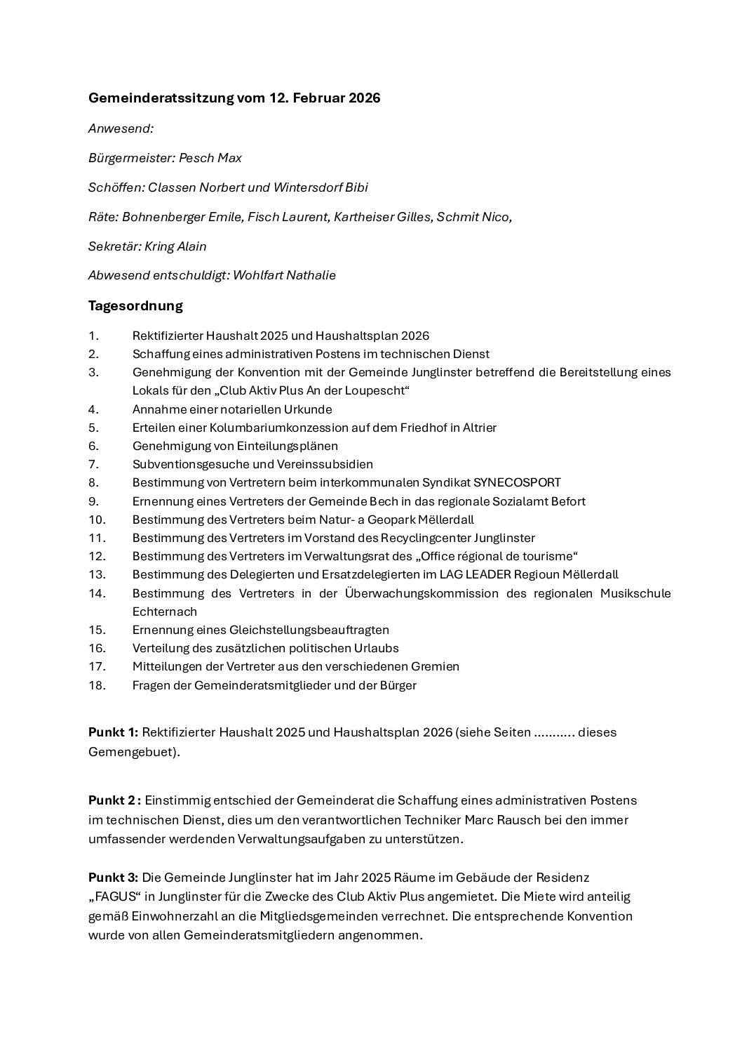 Bericht – Gemeinderatssitzung vom 12. Februar 2026