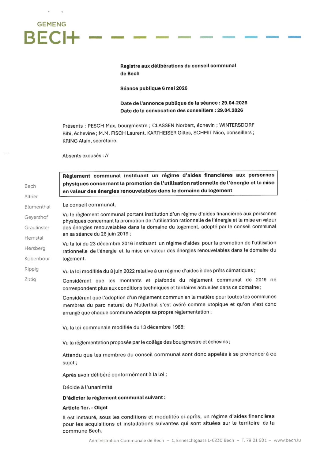 Règlement communal : Subventions énergies renouvelables