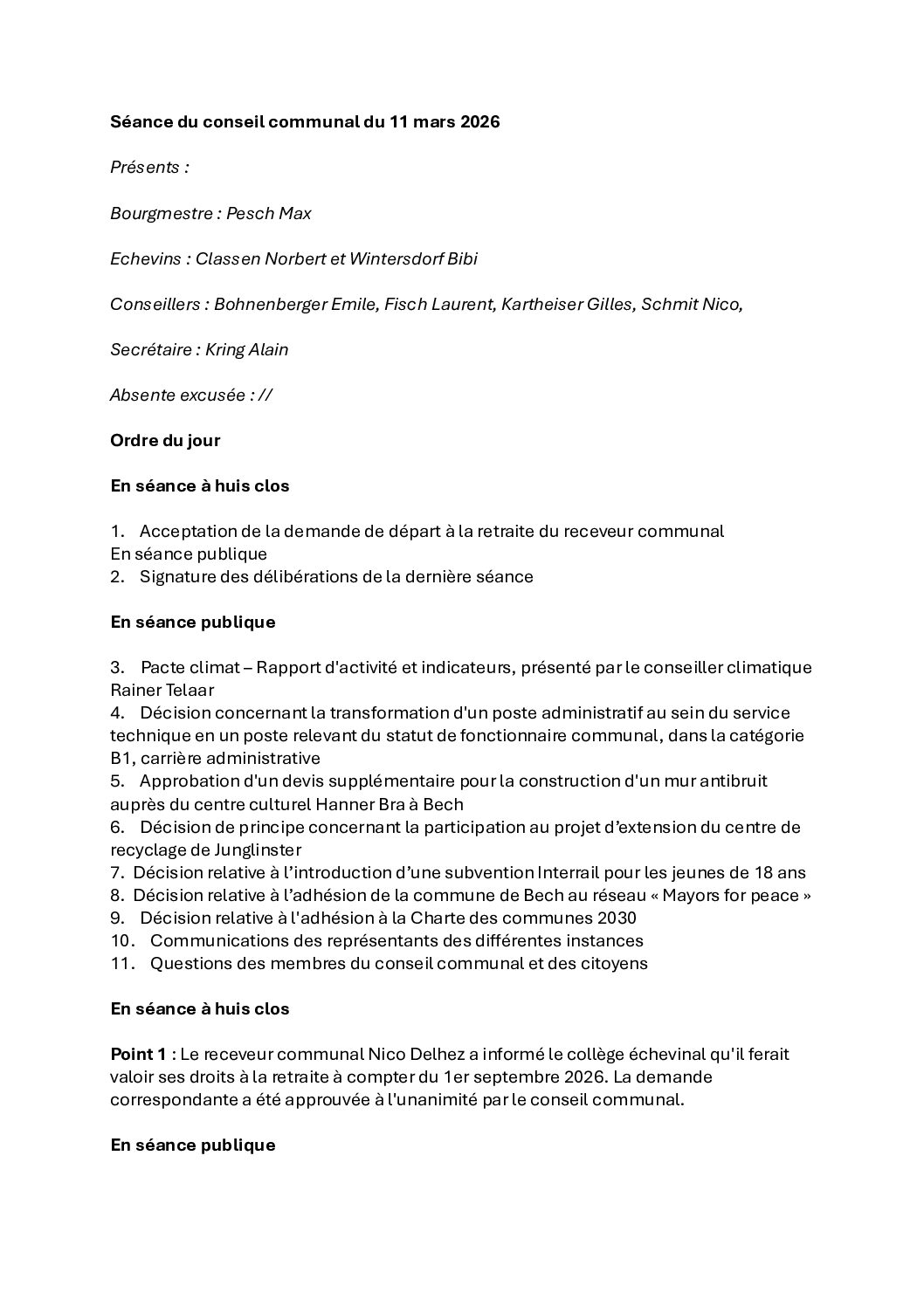 Rapport – Conseil communal du 11 mars 2026