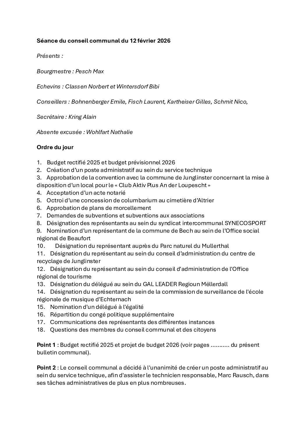 Rapport – Conseil communal du 12 février 2026