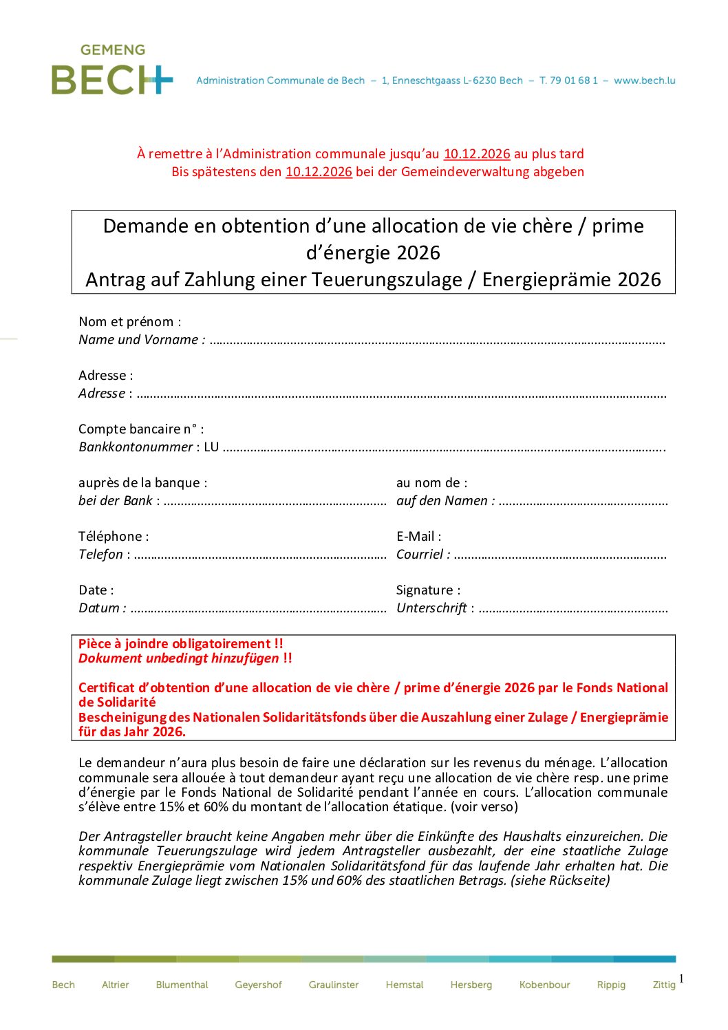 Allocation de vie chère / prime d’énergie 2026