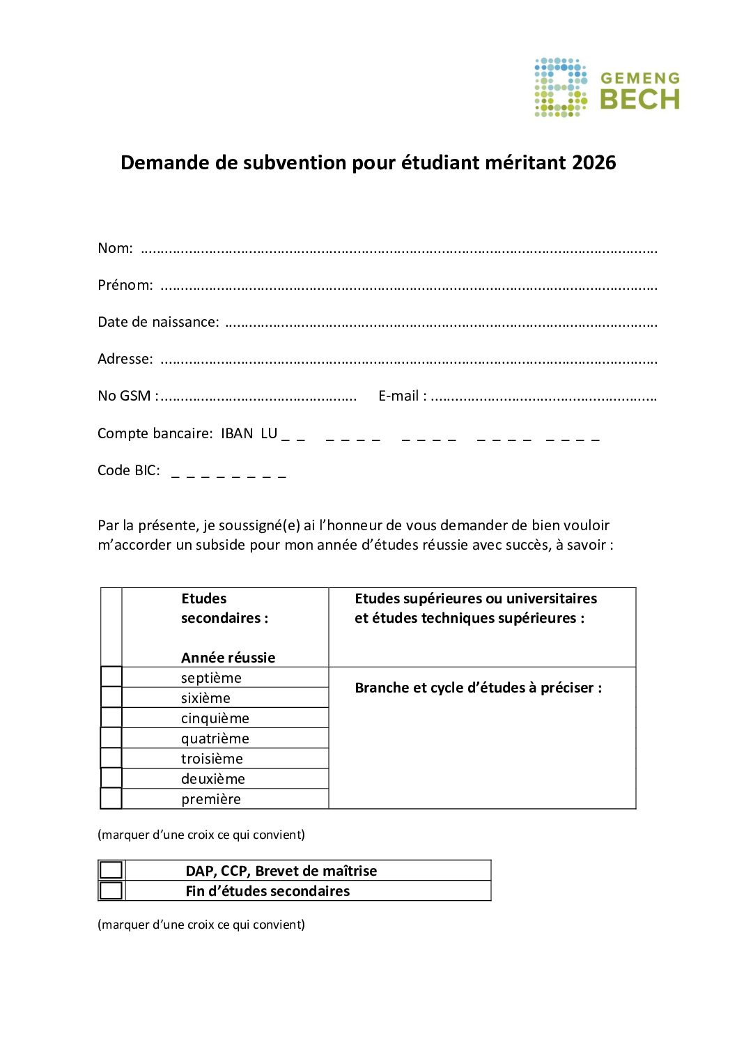 Demande de subvention pour élèves méritants 2026