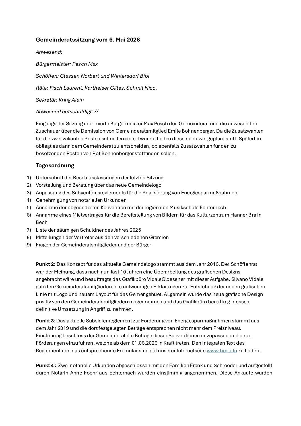 Bericht – Gemeinderatssitzung vom 6. Mai 2026