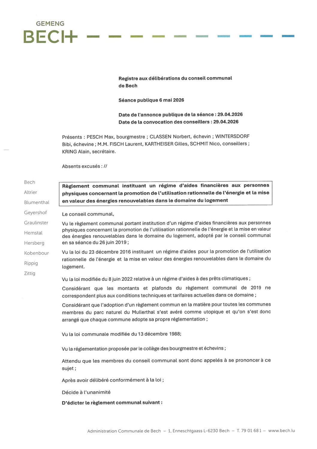 Règlement communal subventions énergies renouvelables